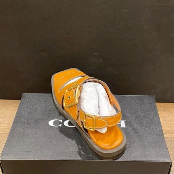 Coach Archival Cognac Leather Sandals Shoes Slide Flats Pumps NEW - Picture 3 of 4